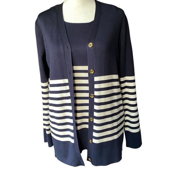 Vtg Ralph Lauren Navy Stripe Silk Knit Tank Cardigan Sweater Twin Set Women S PP - Picture 1 of 12
